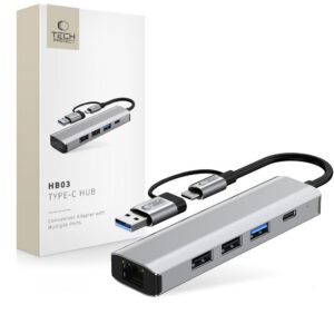 Adapteris Tech-Protect HB03 HUB 5in1 Type-C + USB 2.0 + USB 3.0 + RJ45, tamsiai pilkas