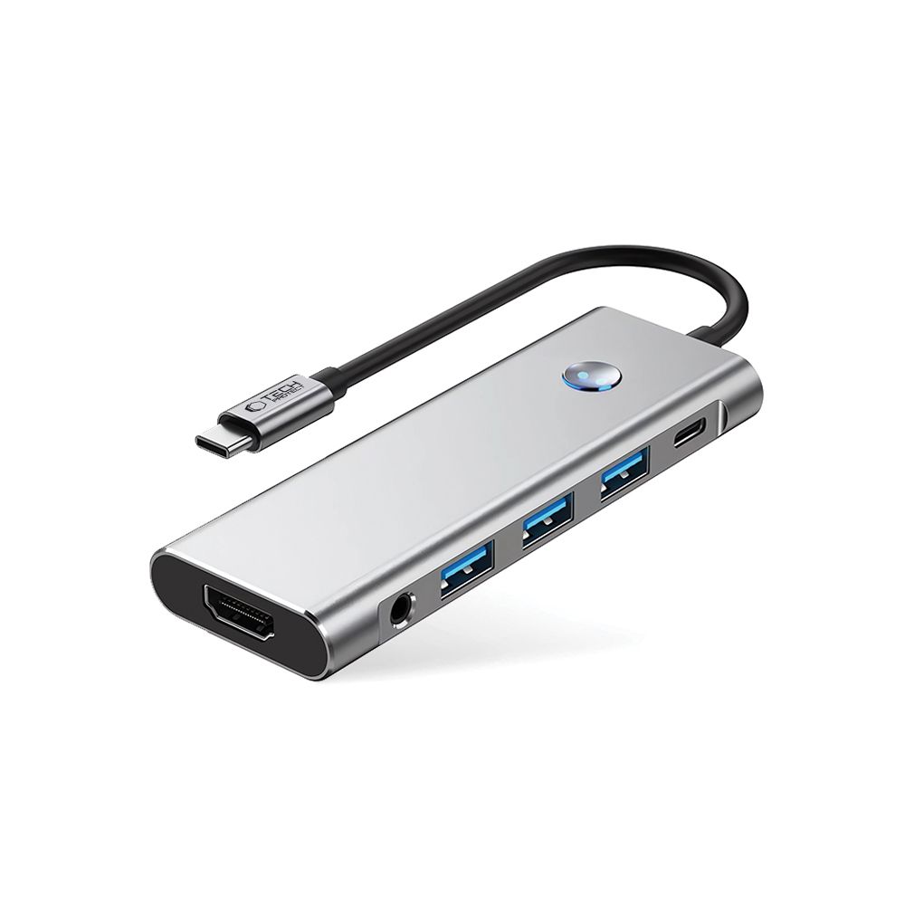 Adapteris Tech-Protect HB04 Hub 9in1 Type-C + USB2.0 + USB3.0 + HDMI 4K 60Hz + SD/TF + PD100W + AV3.5, pilkas - Image 2