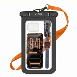 Dėklas Tech-Protect UWC9 Universal Waterproof 8.9 colio, juodas/oranžinis
