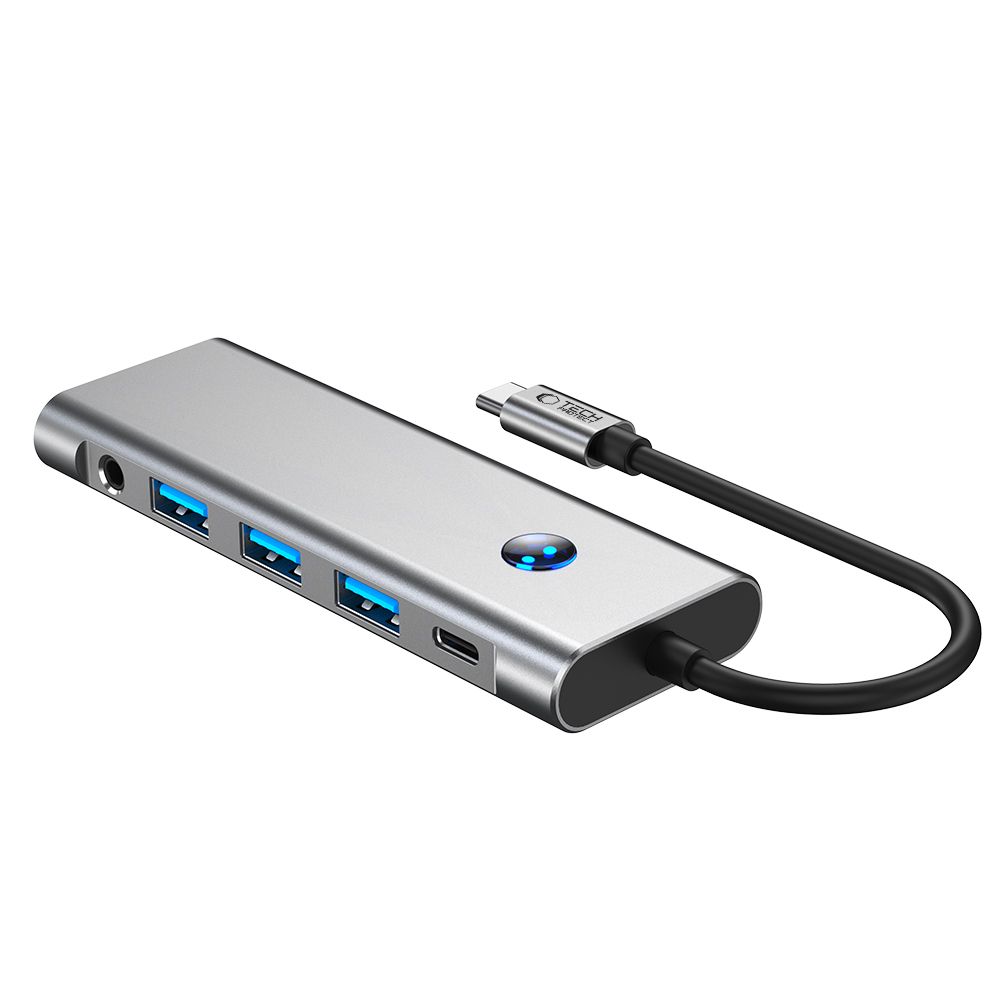Adapteris Tech-Protect HB04 Hub 9in1 Type-C + USB2.0 + USB3.0 + HDMI 4K 60Hz + SD/TF + PD100W + AV3.5, pilkas - Image 3
