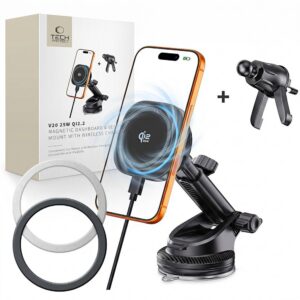 Automobilinis laikiklis-įkroviklis Tech-Protect V20 ArcticBoost, MagSafe, belaidis 25W Qi2.2, juodas