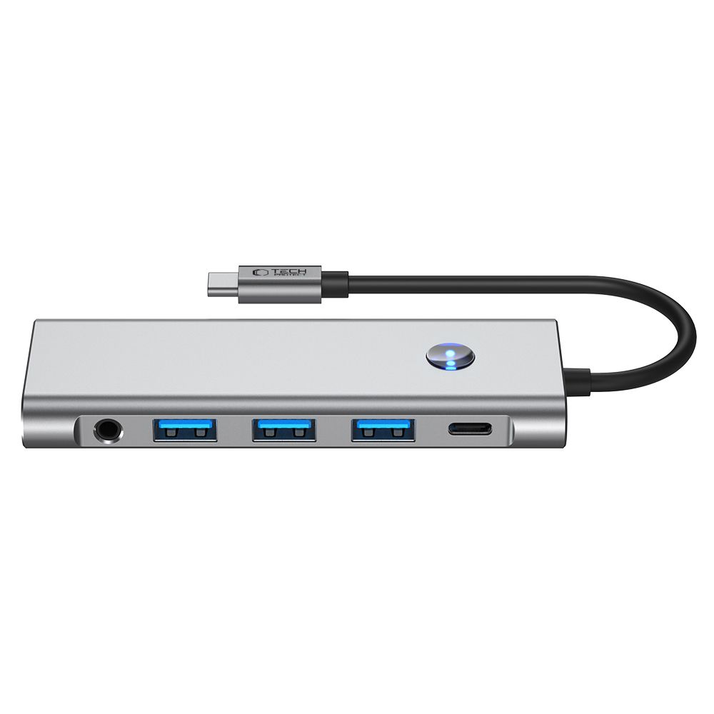 Adapteris Tech-Protect HB04 Hub 9in1 Type-C + USB2.0 + USB3.0 + HDMI 4K 60Hz + SD/TF + PD100W + AV3.5, pilkas - Image 4