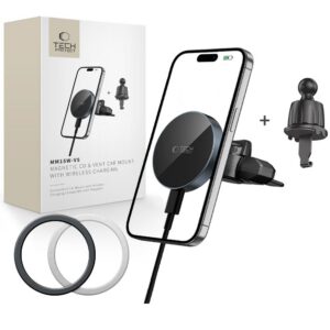 Automobilinis laikiklis Tech-Protect MM15W-V5 MagSafe su belaidžiu įkrovikliu 15W, į CD lizdą ir groteles, juodas