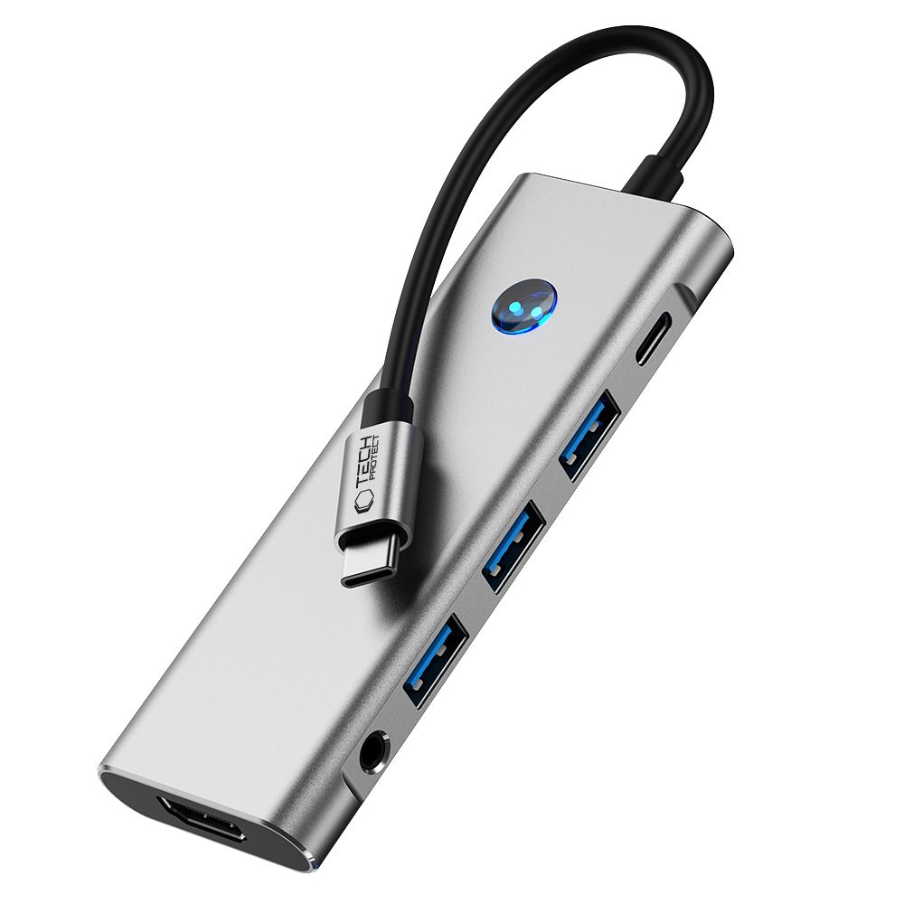 Adapteris Tech-Protect HB04 Hub 9in1 Type-C + USB2.0 + USB3.0 + HDMI 4K 60Hz + SD/TF + PD100W + AV3.5, pilkas - Image 5