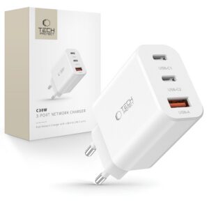 Tinklo įkroviklis Tech-Protect NC30W 3 prievadų PD 30W / QC3.0 baltas
