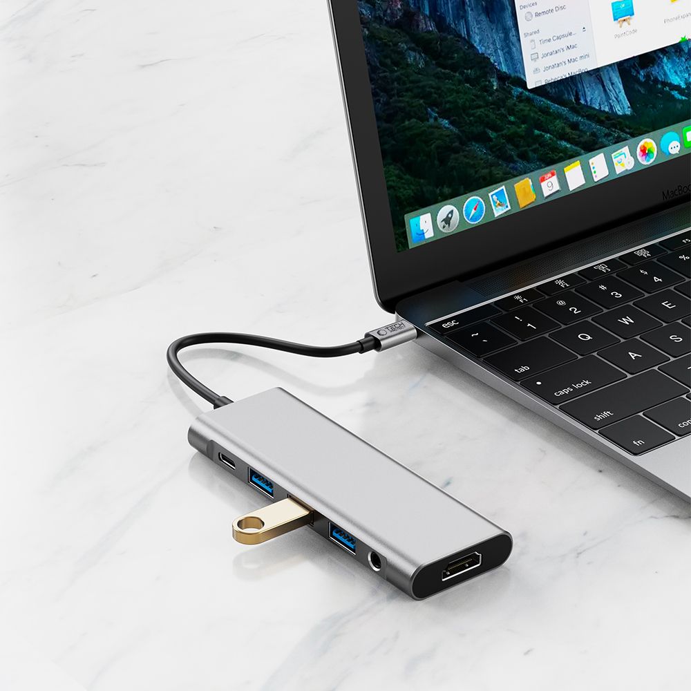Adapteris Tech-Protect HB04 Hub 9in1 Type-C + USB2.0 + USB3.0 + HDMI 4K 60Hz + SD/TF + PD100W + AV3.5, pilkas - Image 7