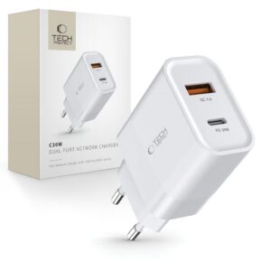 Įkroviklis Tech-Protect C30W, 2 lizdų, PD 30W/QC3.0, baltas