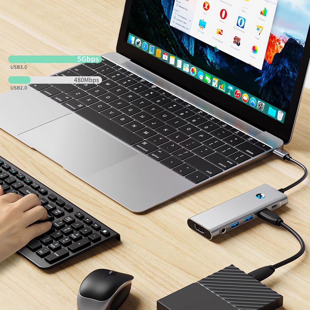 Adapteris Tech-Protect HB04 Hub 9in1 Type-C + USB2.0 + USB3.0 + HDMI 4K 60Hz + SD/TF + PD100W + AV3.5, pilkas - Image 8