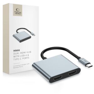 Adapteris Tech-Protect HB08 Hub 4in1 Type-C + USB2.0 + 2x HDMI 4K 60Hz, kosminės pilkos spalvos