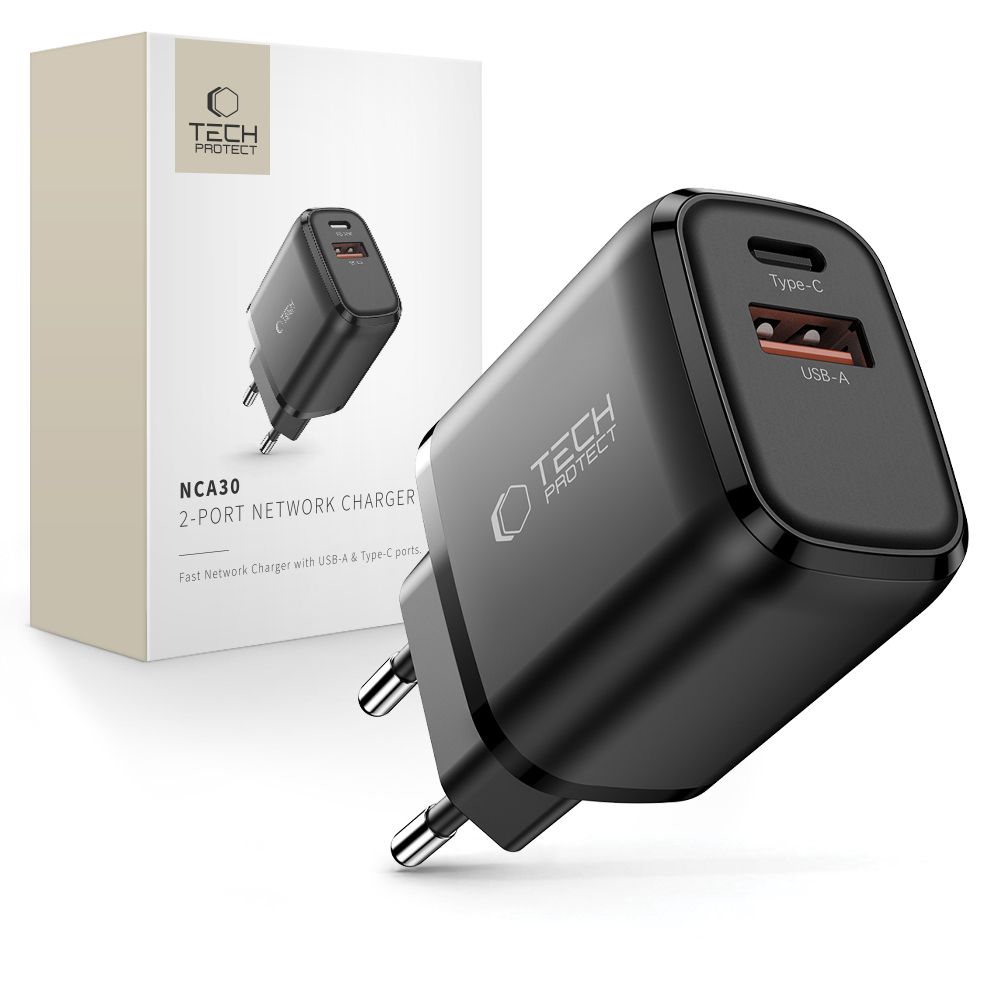 Tinklo įkroviklis Tech-Protect NCA30 2 prievadų PD 30W / QC3.0, juodas