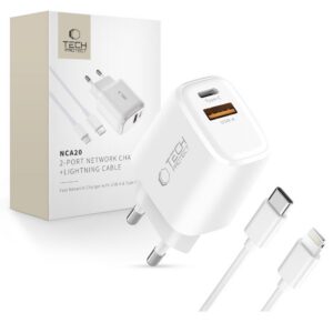 Įkroviklis Tech-Protect NCA20 2-Port PD 20W / QC3.0 + Lightning kabelis, baltas