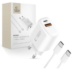 Įkroviklis Tech-Protect NCA20 2-Port PD 20W / QC3.0 + Type-C kabelis, baltas