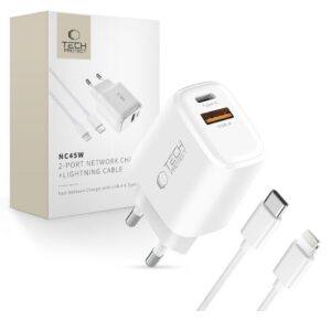 Įkroviklis Tech-Protect NCA45W-GAN 2 prievadų PD 45W / QC3.0 + Lightning kabelis, baltas