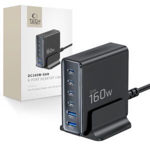Stalinis įkroviklis Tech-Protect DC160W-GAN, 6 prievadų, PD 160W / QC3.0, juodas