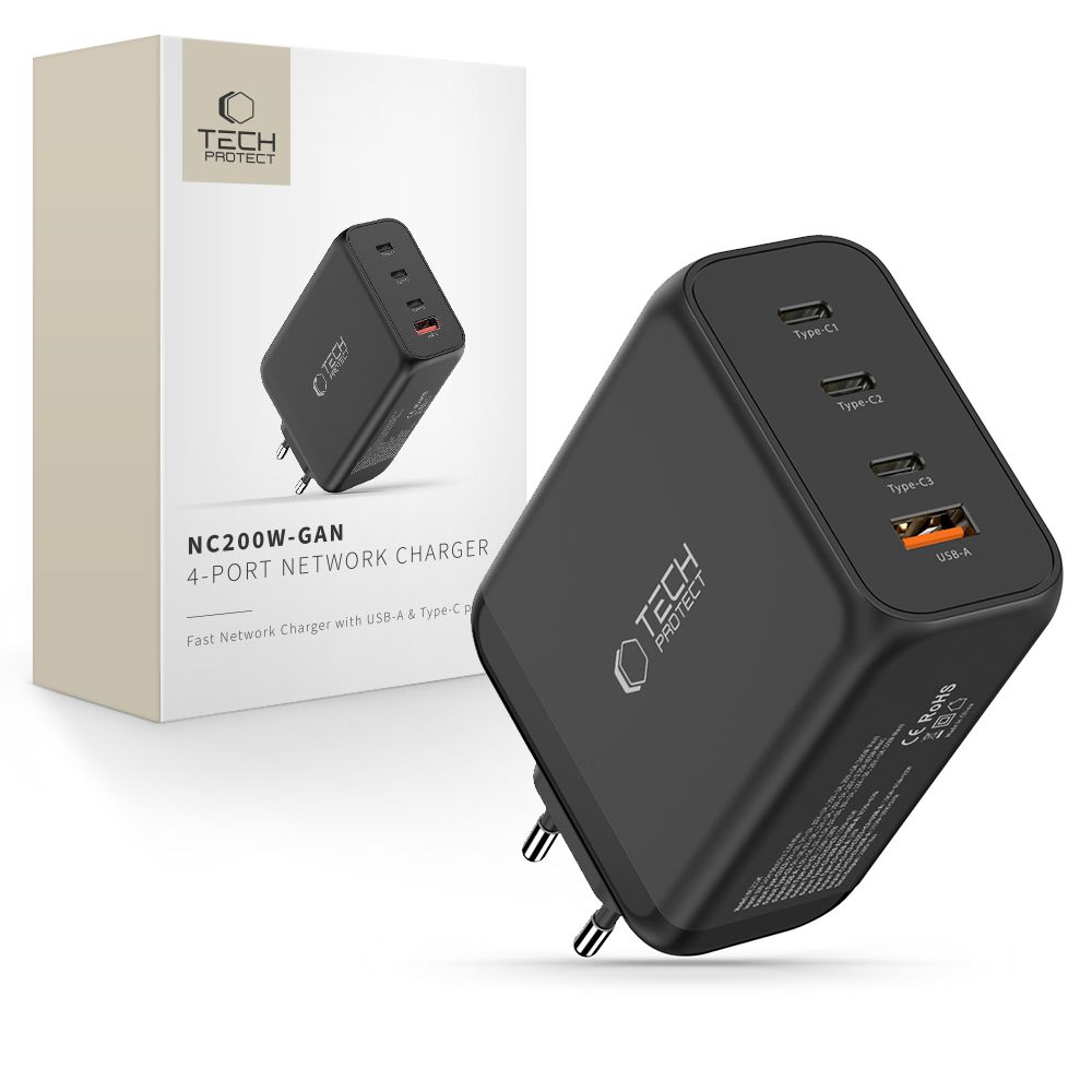 Tinklo įkroviklis Tech-Protect NC200W-GaN, 4 prievadų, 200W PD/QC3.0, juodas