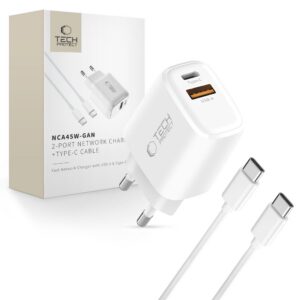 Įkroviklis Tech-Protect NCA45W-GAN 2 prievadų PD 45W / QC3.0 + Type-C laidas, baltas