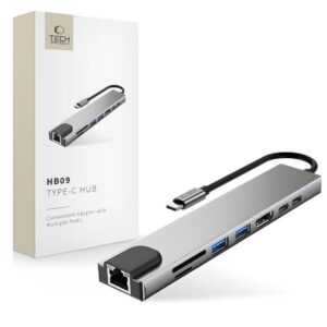 Šakotuvas Tech-Protect HB09 8in1 Type-C + USB-A 3.0 + USB-C 3.0 + HDMI 4K 60Hz + SD/TF + PD 100W + RJ45 1000Mb/s, pilkas