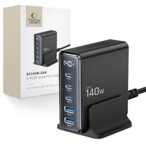 Įkroviklis Tech-Protect DC140W-GAN, 5 prievadų, PD 140W / QC3.0, juodas