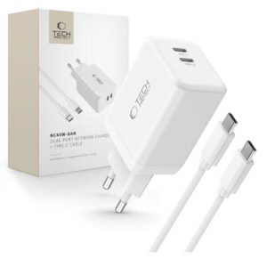 Įkroviklis Tech-Protect NC45W-GAN, 2 prievadų, PD 45W + USB-C kabelis, baltas