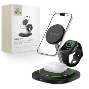 Belaidis įkroviklis Tech-Protect QI15W-A46 3in1, magnetinis, juodas