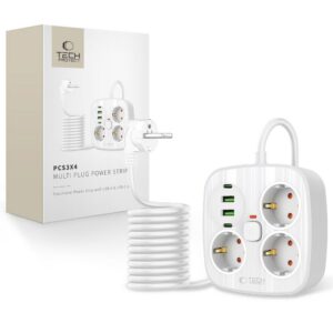 Ilgintuvas Tech-Protect PCS3X4, 2x USB ir 2x Type-C, 3 lizdai, 200 cm, baltas
