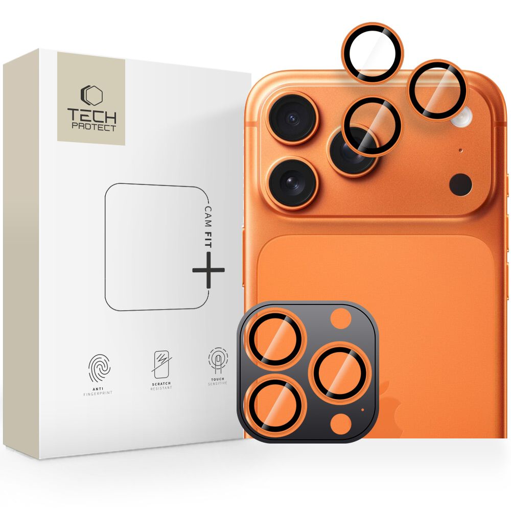 Kameros apsauginis stiklas Tech-Protect Camring Fit+ iPhone 14 Pro / 14 Pro Max / 15 Pro / 15 Pro Max / 16 Pro / 16 Pro Max / 17 Pro / 17 Pro Max, oranžinis