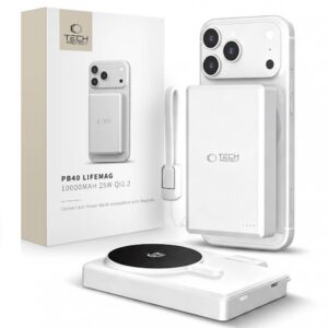Išorinė baterija Tech-Protect PB40 LifeMag, MagSafe, 10000mAh, 25W, Qi2.2, baltas/sidabrinis