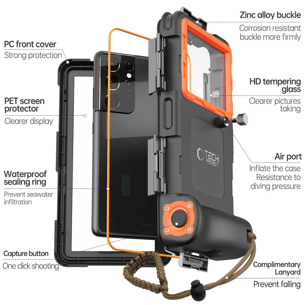 Dėklas Tech-Protect IPX8 Universal Diving Waterproof, juodas/oranžinis - Image 4