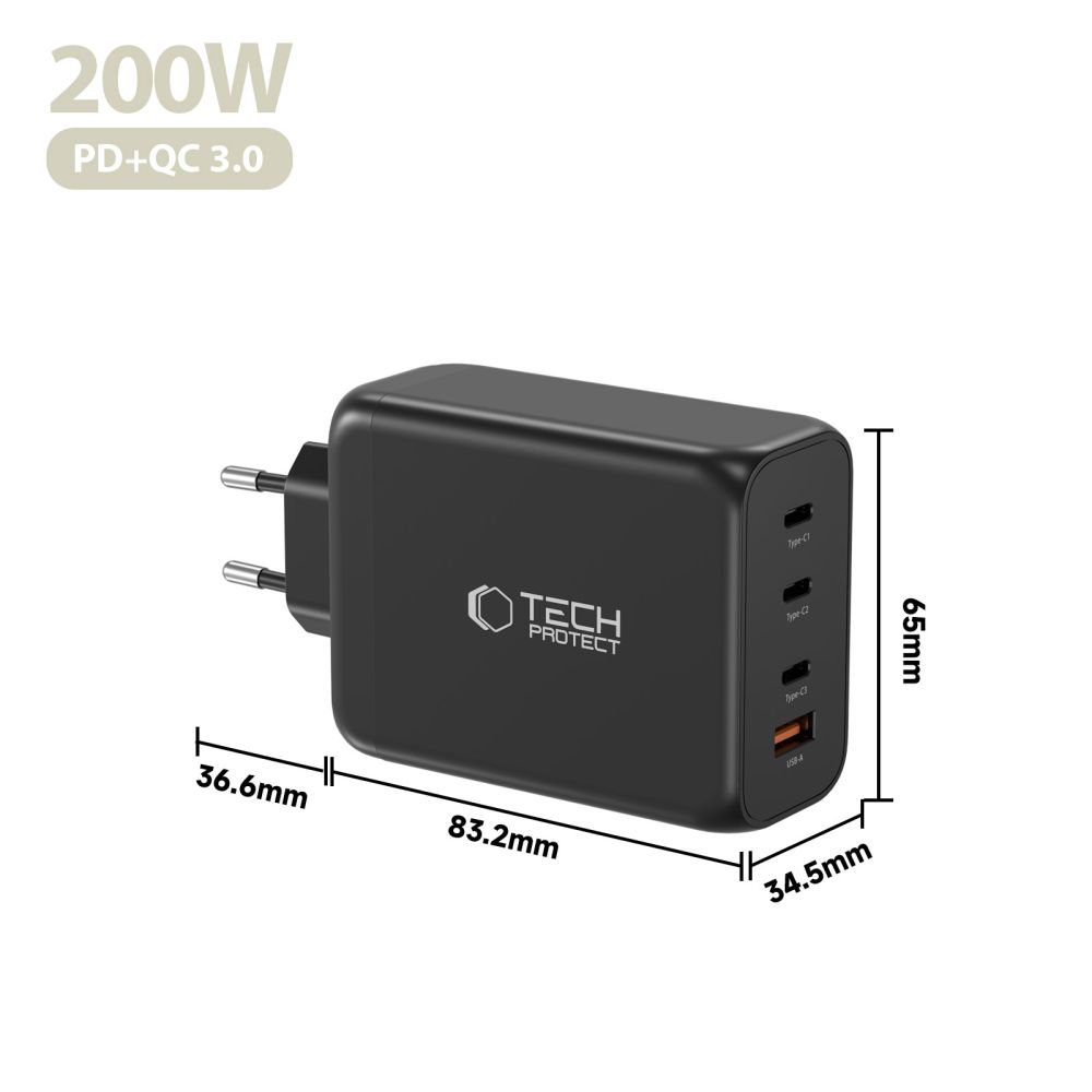 Tinklo įkroviklis Tech-Protect NC200W-GaN, 4 prievadų, 200W PD/QC3.0, juodas - Image 5