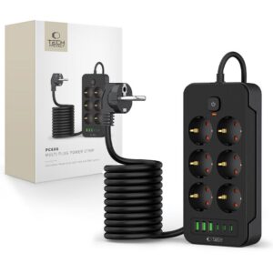 Elektros ilgintuvas Tech-Protect PC6X6, 3 USB & 3 Type-C & 6 lizdų, 200 cm, juodas