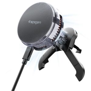 Automobilinis laikiklis su belaidžiu įkrovikliu Spigen Essential EV25MFAQ Peltier MagSafe, 25W Qi2.2, juodas