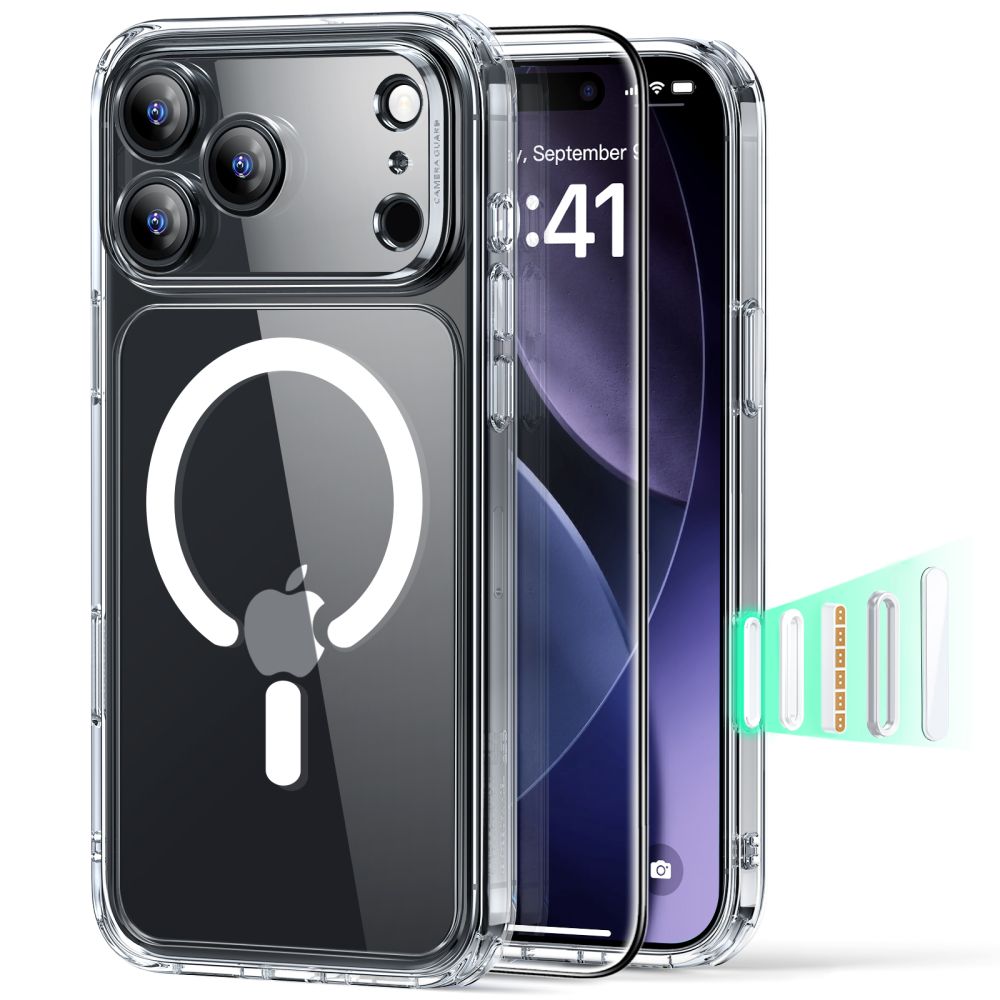 Dėklas ESR Classic Hybrid MagSafe su apsauginiu stiklu iPhone 17 Pro Max, skaidrus