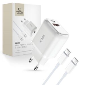 Įkroviklis Tech-Protect C20W 2 prievadų PD 20W / QC3.0 + Type-C kabelis, baltas