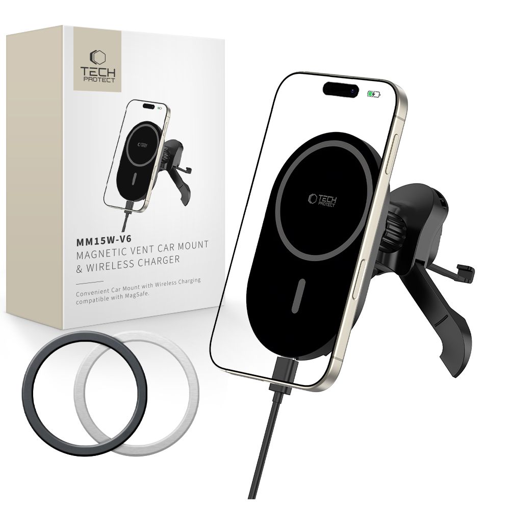 Automobilinis laikiklis Tech-Protect MM15W-V6, MagSafe belaidis įkroviklis 15W, juodas
