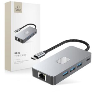 Adapteris Tech-Protect HB05 HUB 9in1 Type-C + USB 2.0 + USB 3.0 + HDMI 4K 60Hz + SD/TF + PD100W + RJ45 1000M, tamsiai pilkas