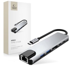 Adapteris Tech-Protect HB02 Hub 6in1 Type-C + USB2.0 + USB3.0 + HDMI 4K 30Hz + RJ45 + PD100W, pilkas