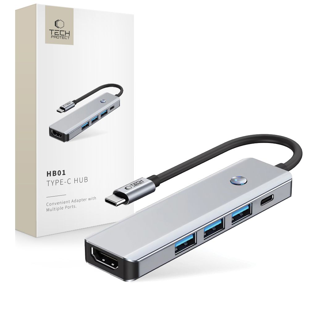 Adapteris Tech-Protect HB01 Hub 5in1 Type-C + USB3.0 + HDMI 4K 60Hz + PD100W, pilkas