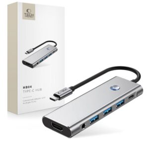 Adapteris Tech-Protect HB04 Hub 9in1 Type-C + USB2.0 + USB3.0 + HDMI 4K 60Hz + SD/TF + PD100W + AV3.5, pilkas