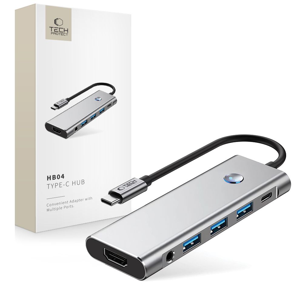 Adapteris Tech-Protect HB04 Hub 9in1 Type-C + USB2.0 + USB3.0 + HDMI 4K 60Hz + SD/TF + PD100W + AV3.5, pilkas