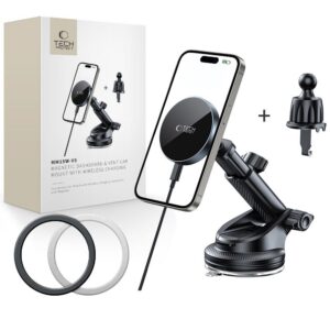 Automobilinis laikiklis Tech-Protect MM15W-V5 MagSafe su belaidžiu įkrovikliu 15W, ant prietaisų skydelio ir grotelių, juodas
