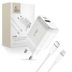 Įkroviklis Tech-Protect C20W 2 portų PD 20W / QC3.0 su Lightning laidu, baltas