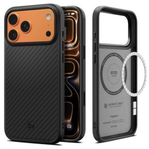 Juodas Spigen Enzo Aramid T MagSafe dėklas iPhone 17 Pro