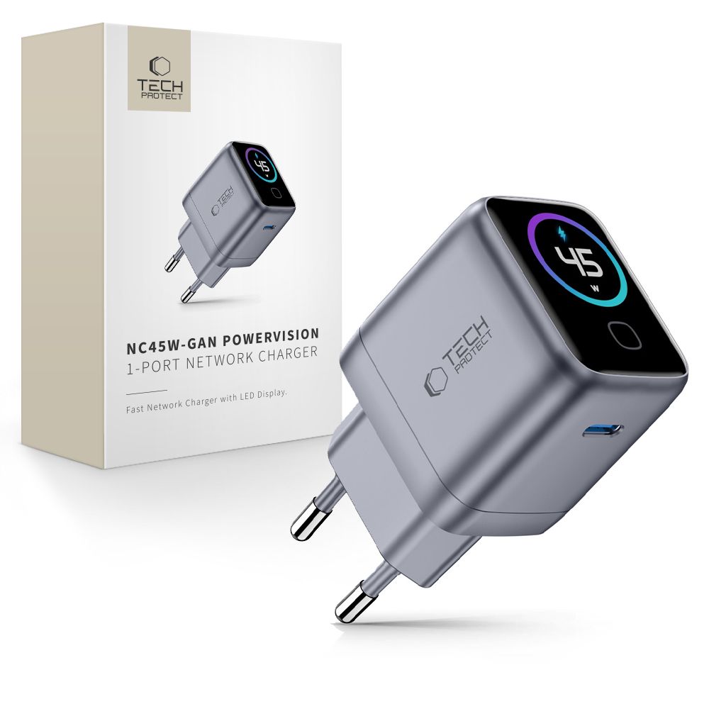 Tech-Protect PowerVision NC45W-GaN 45 W USB-C sieninis įkroviklis, tamsiai pilkas
