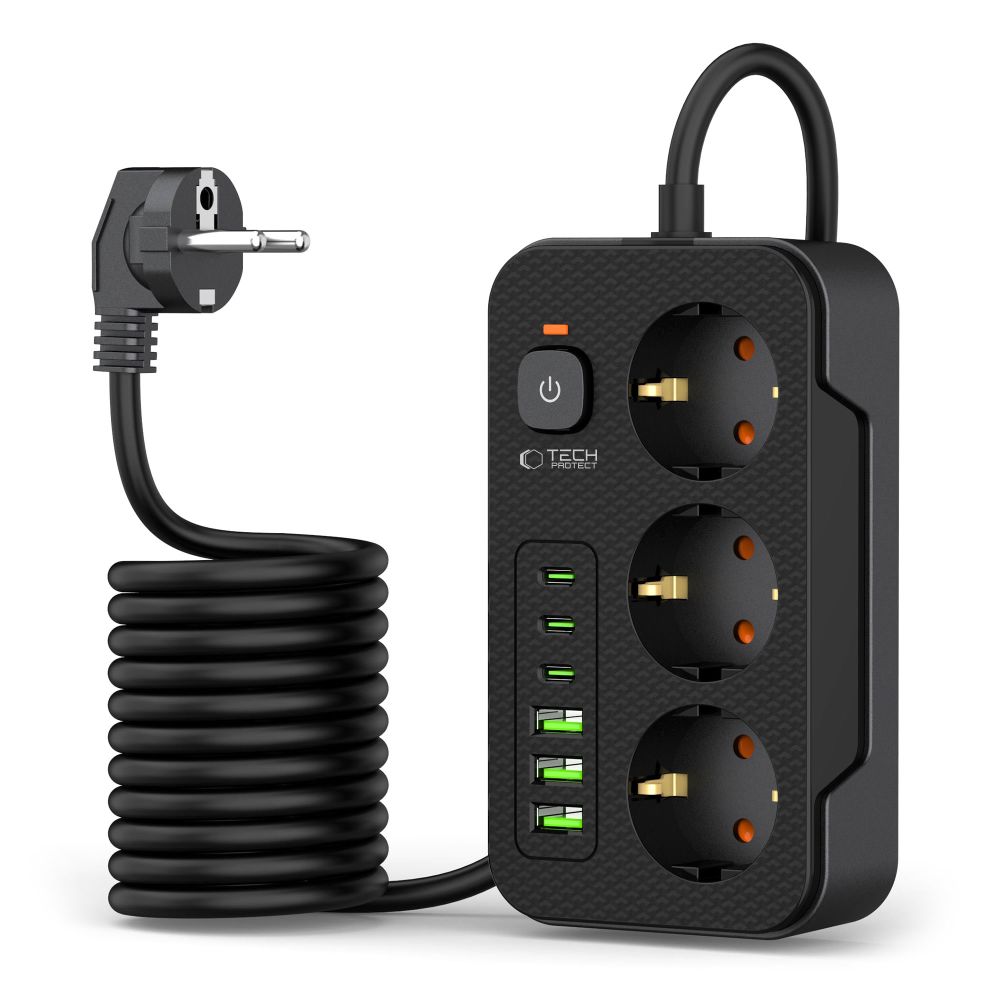 Ilgiklis Tech-Protect PC3X6, 3 USB-A + 3 USB-C + 3 lizdai, 200 cm, juodas - Image 2