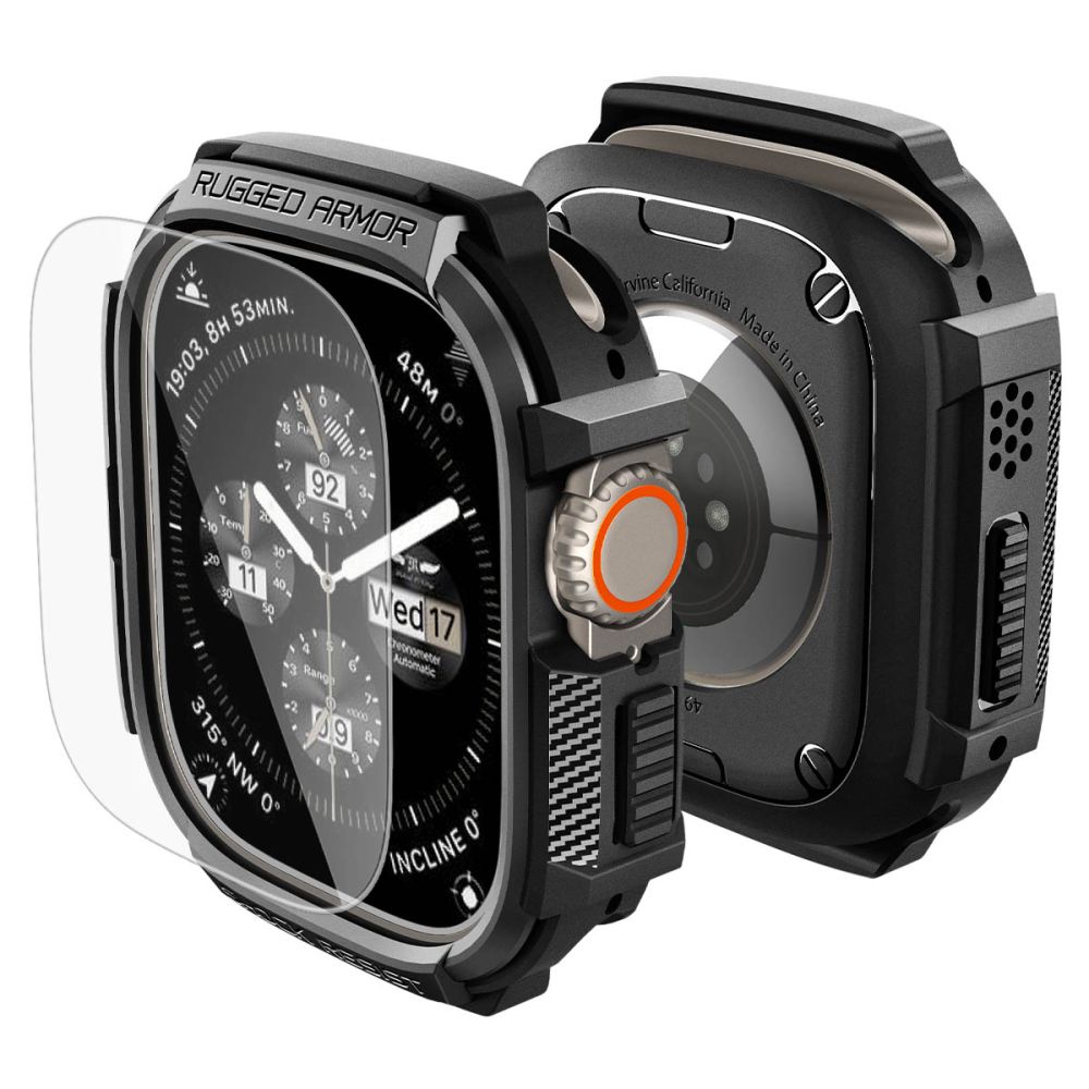 Dėklas ir apsauginis stiklas Spigen Rugged Armor Apple Watch Ultra 1 / 2 / 3 (49 mm), matinis juodas