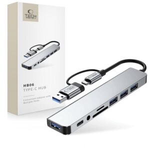 Pilkas Tech-Protect HB06 HUB adapteris 8in1, USB-C, SD/TF, 3,5 mm