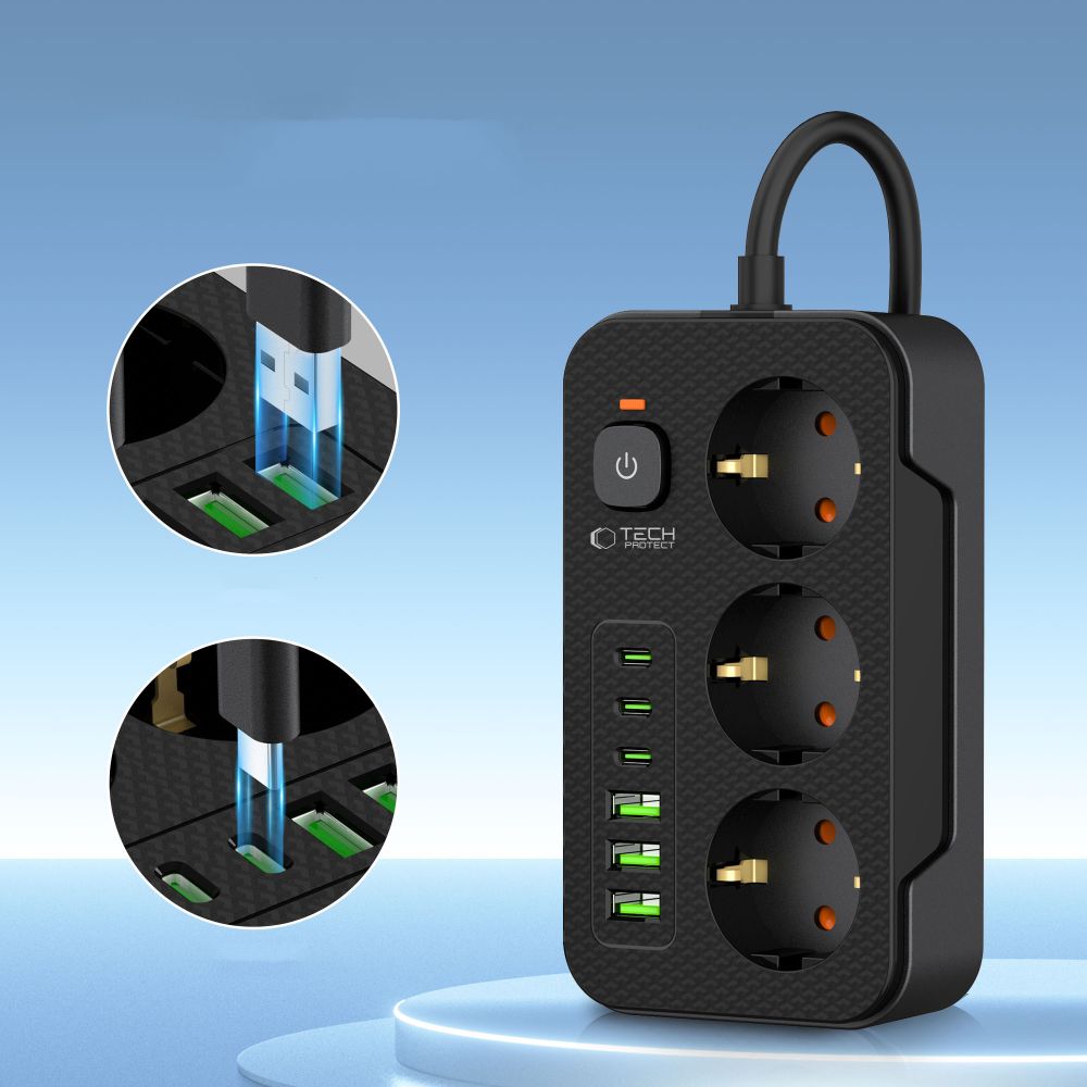 Ilgiklis Tech-Protect PC3X6, 3 USB-A + 3 USB-C + 3 lizdai, 200 cm, juodas - Image 3
