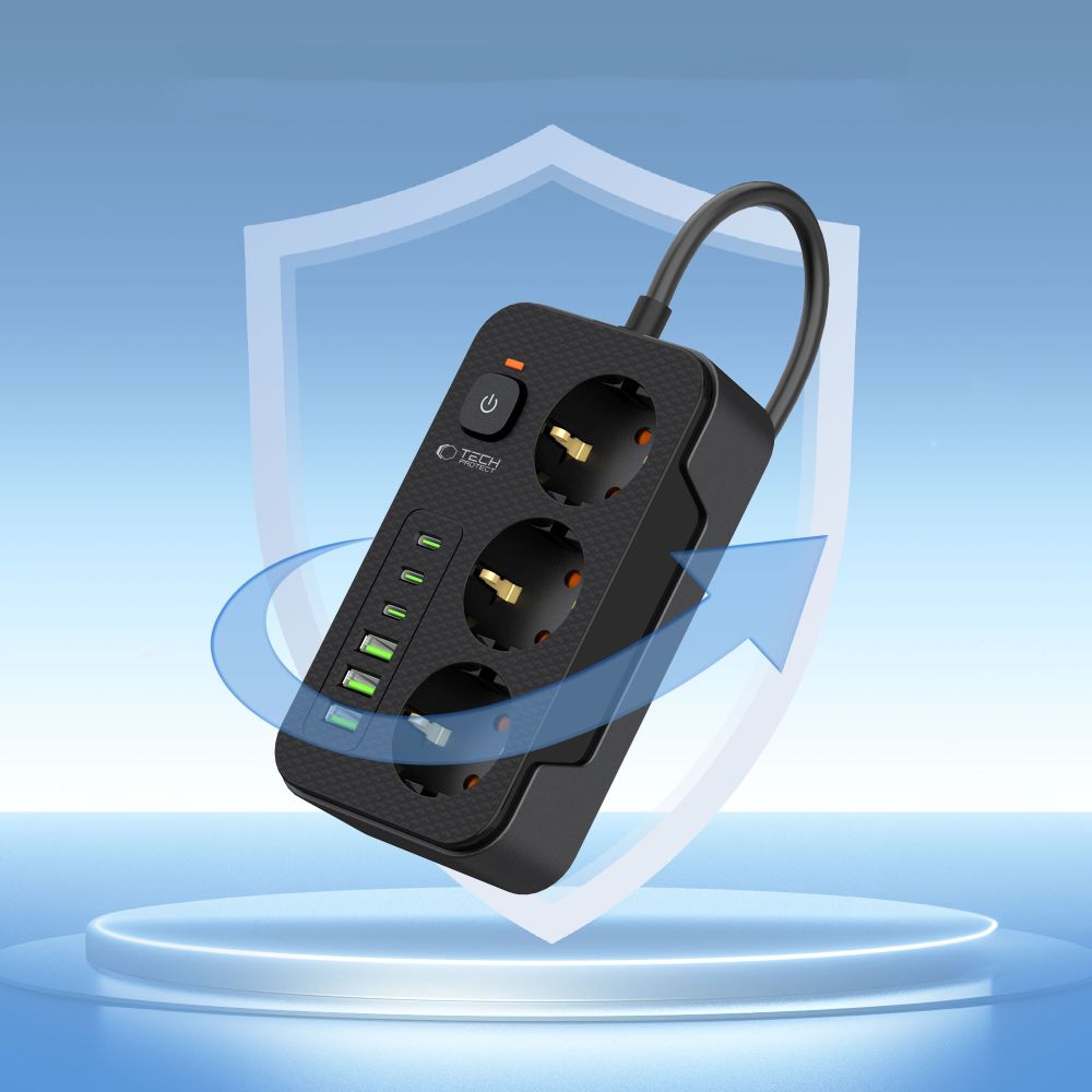Ilgiklis Tech-Protect PC3X6, 3 USB-A + 3 USB-C + 3 lizdai, 200 cm, juodas - Image 4