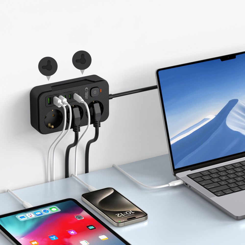 Ilgiklis Tech-Protect PC3X6, 3 USB-A + 3 USB-C + 3 lizdai, 200 cm, juodas - Image 5