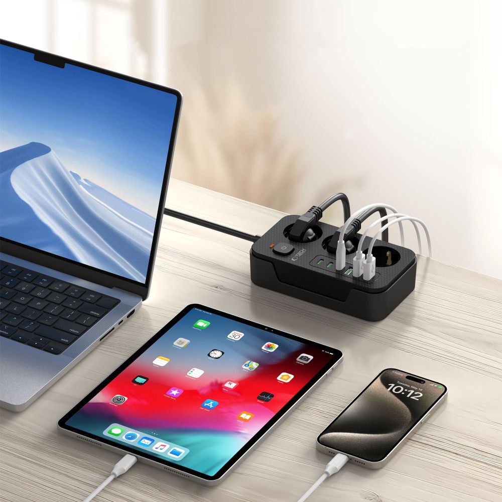 Ilgiklis Tech-Protect PC3X6, 3 USB-A + 3 USB-C + 3 lizdai, 200 cm, juodas - Image 6